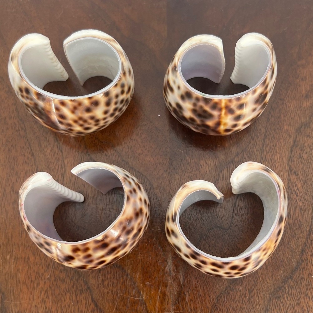 Tiger Cowrie Shell Napkin Rings Natural Coastal Table Decor Brown Cream Set of 4 - Picture 3 of 6